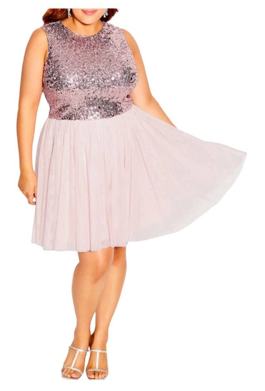 City Chic dress Shine Bright sequin fit & flare pink size S 16